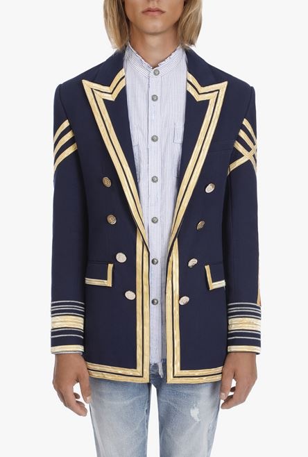 Navy blue embroidered blazer with double-breasted buttoned fastening - 5