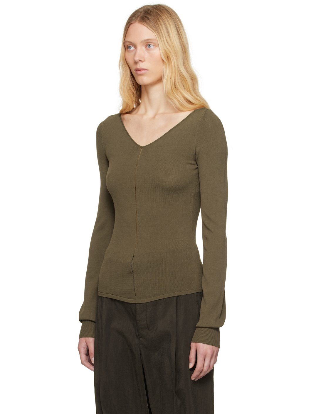 Khaki Wide V-Neck Top - 4