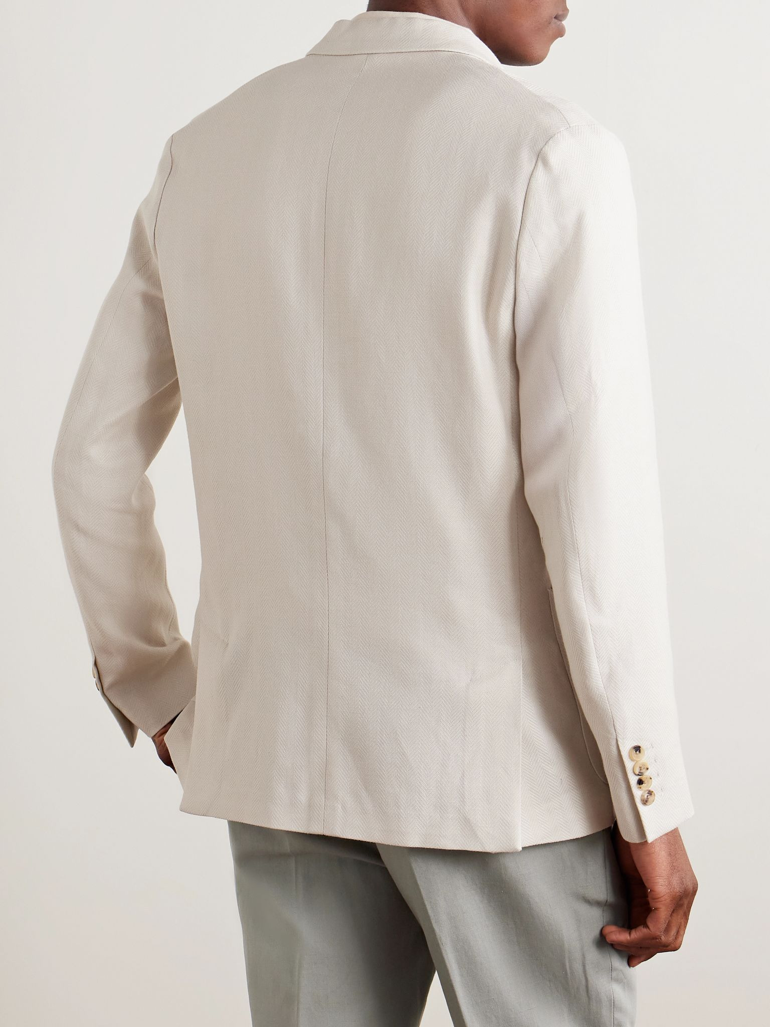 Double-Breasted Herringbone Linen and Cotton-Blend Blazer Beige - 4