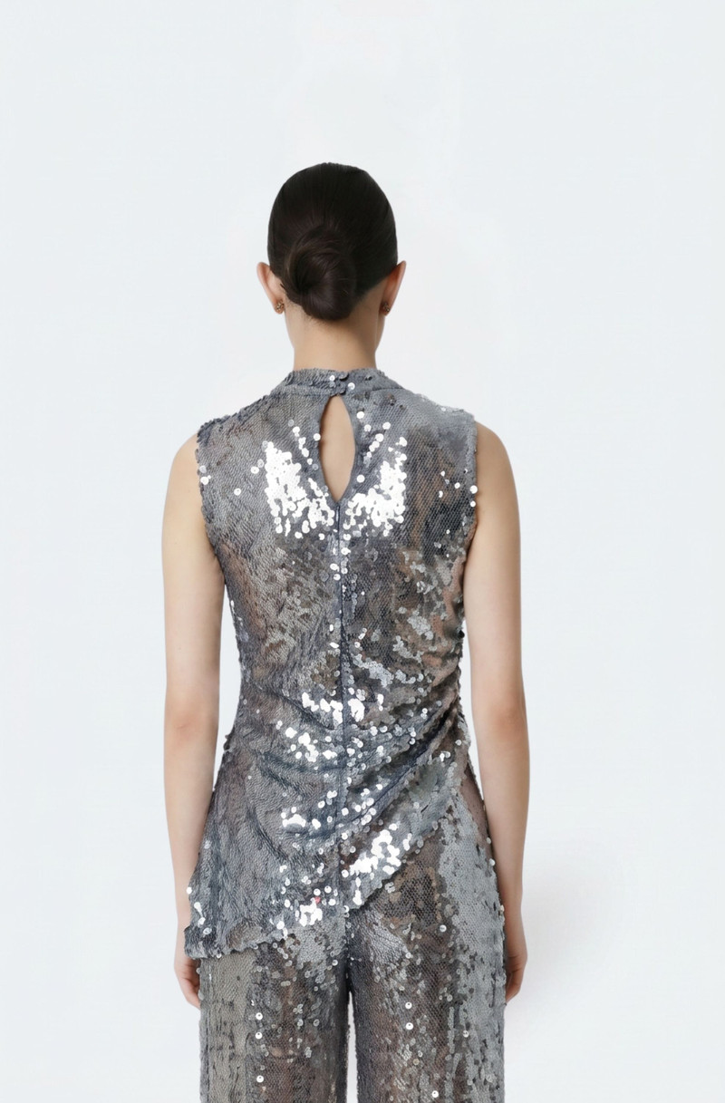 LAPOINTE Mesh Sequin Mockneck Top With Pleats outlook