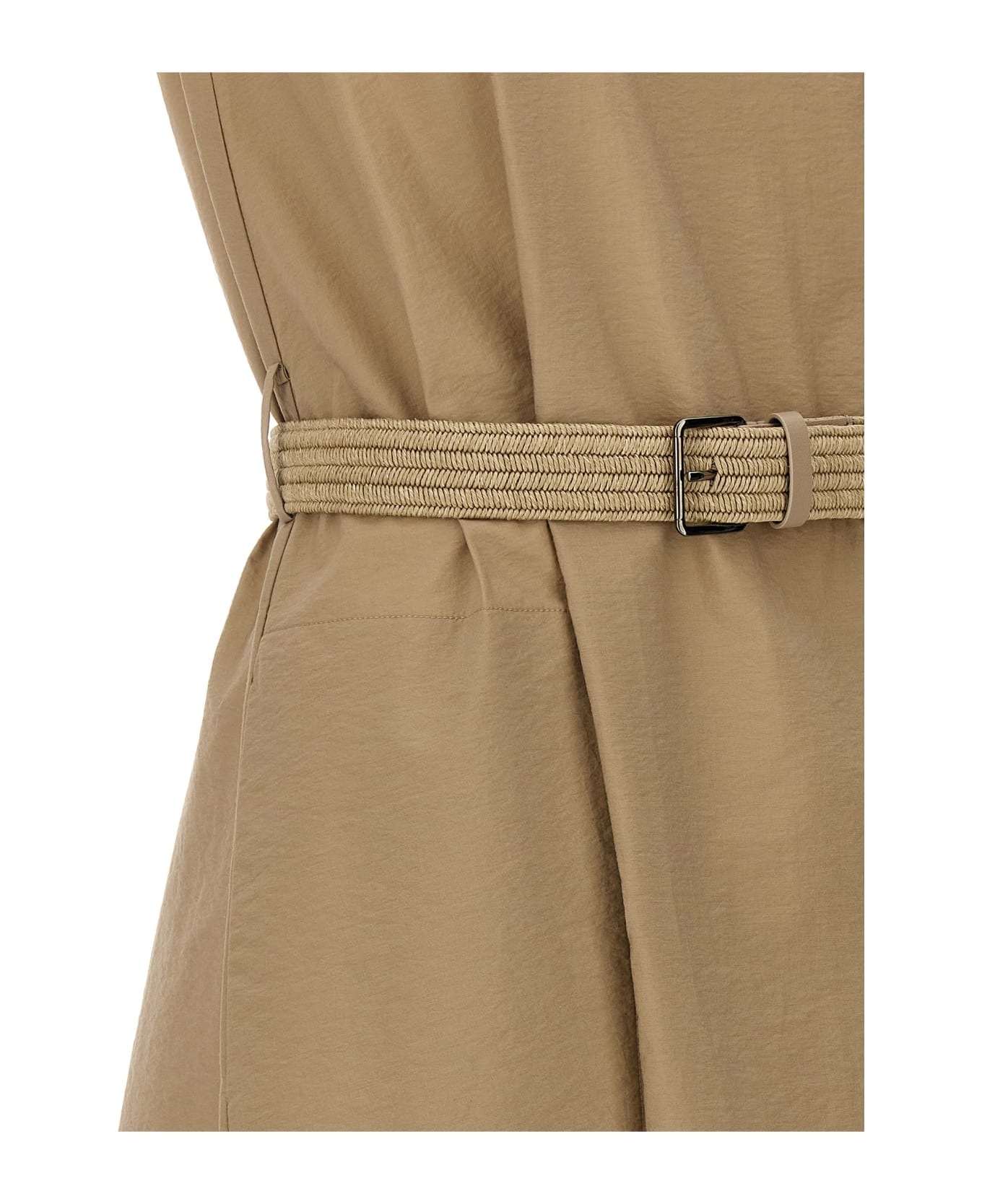 Techno Cotton Poplin Dress With Belt And Precious Shoulder Detail - 4