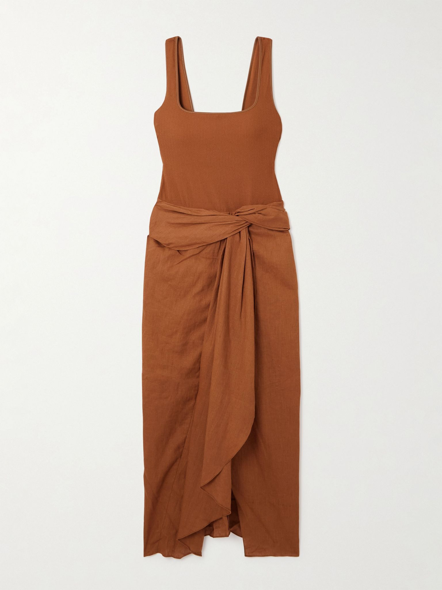 Encanto Pacifico asymmetric linen and ribbed-knit dress Camel - 1