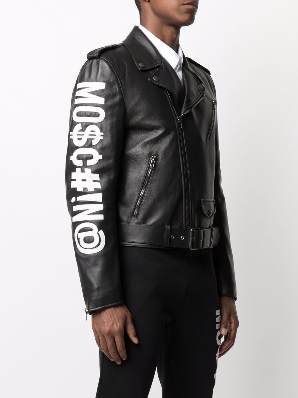 logo embroidered leather biker jacket - 3