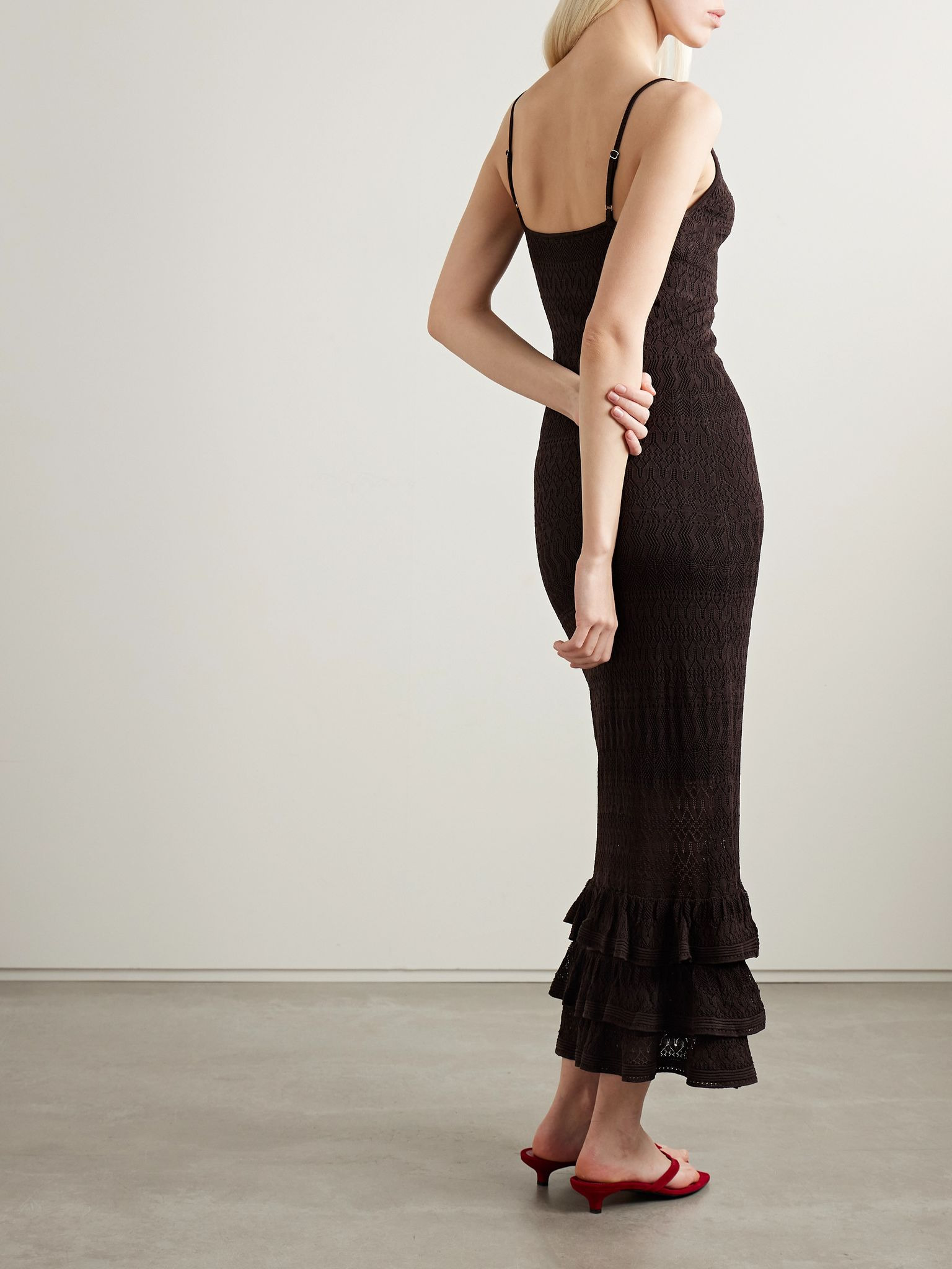 Bliss ruffled pointelle-knit maxi dress Dark brown - 3