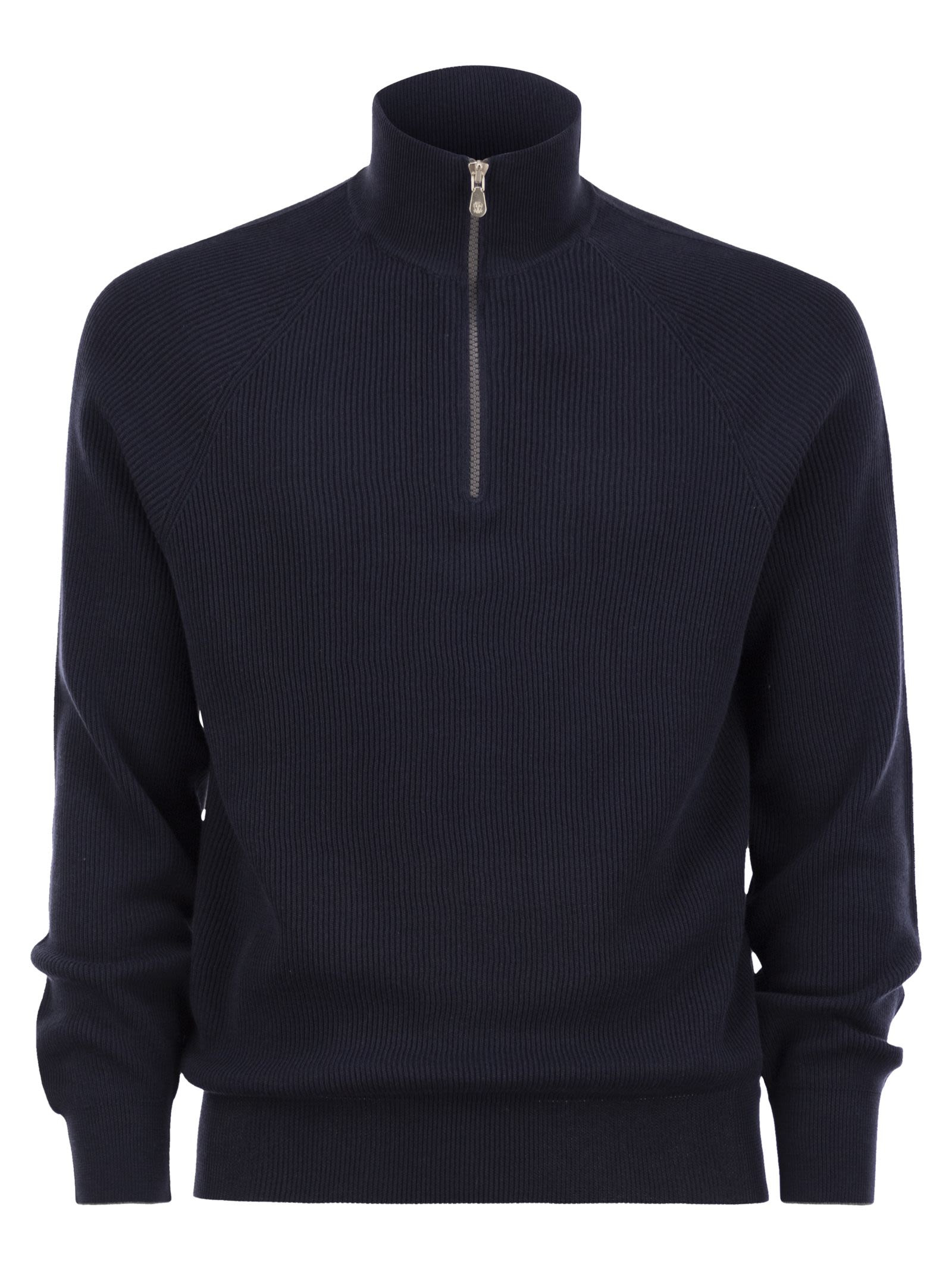 Brunello Cucinelli Men Cotton Rib Sweater With Zip Opening And Raglan Sleeve - 1