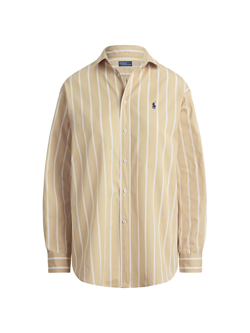 Women's Striped Cotton Button-Front Shirt - Polo Tan White 1