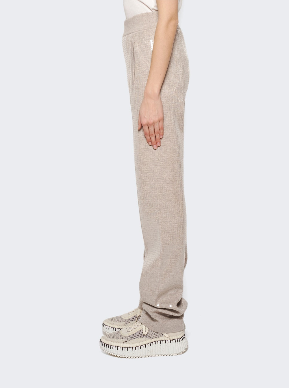 Sequinned Cashmere Cotton Blend Trousers Beige Melange - 4