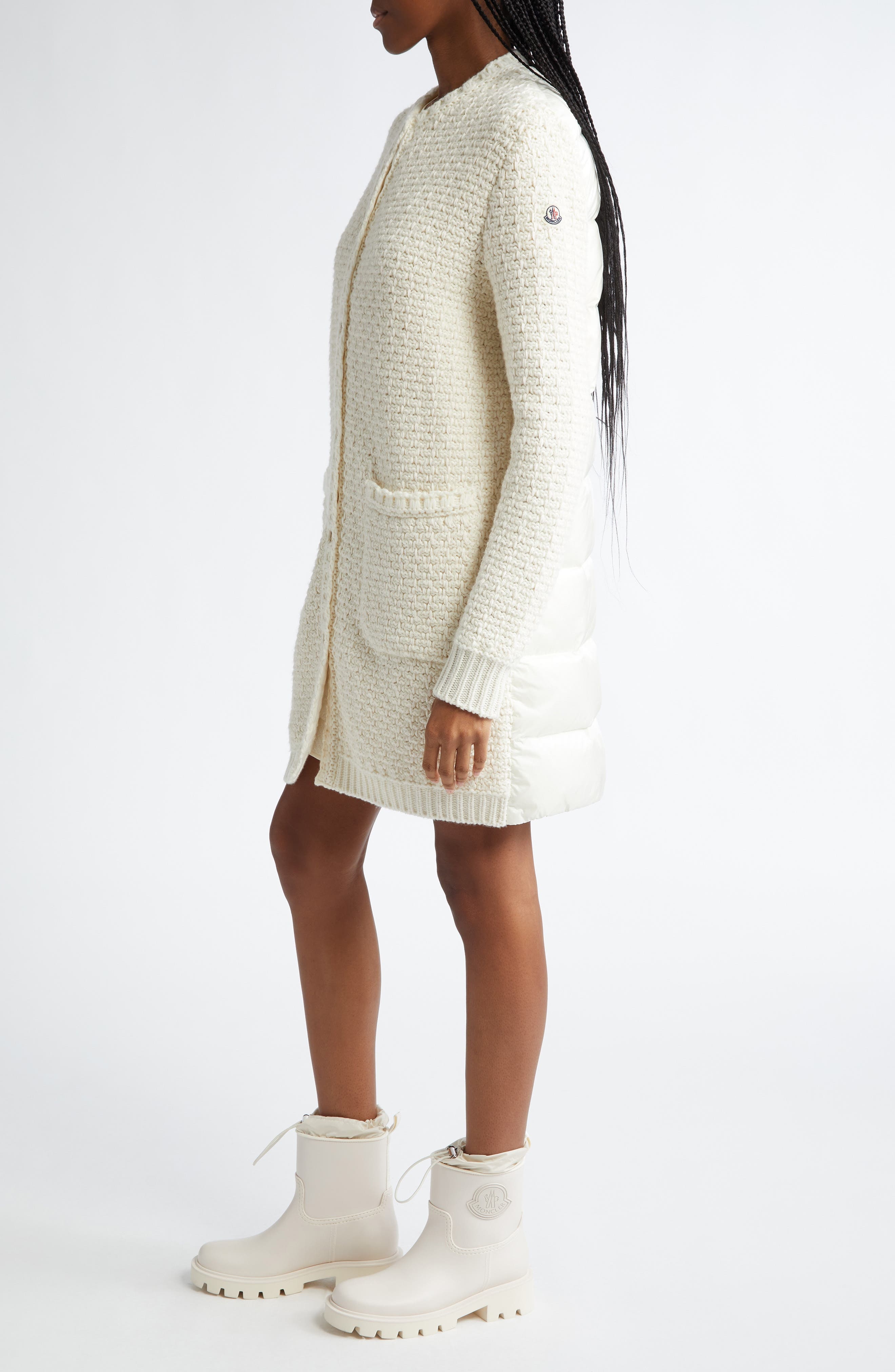 Moncler Mixed Media Down Cardigan in Silk White at Nordstrom - 4