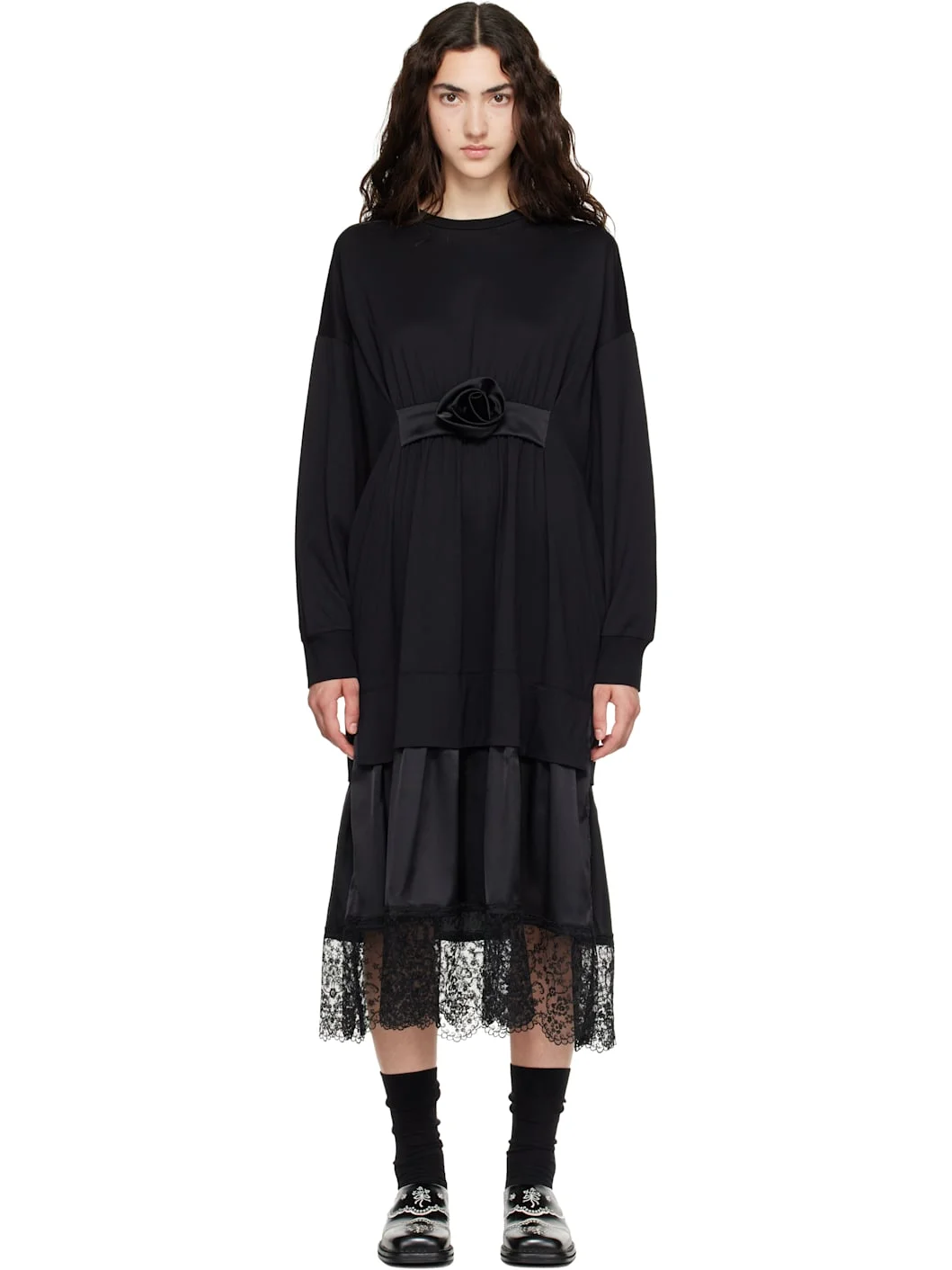Black Oversized Gathered Rose Lace Trim Midi Dress - 1