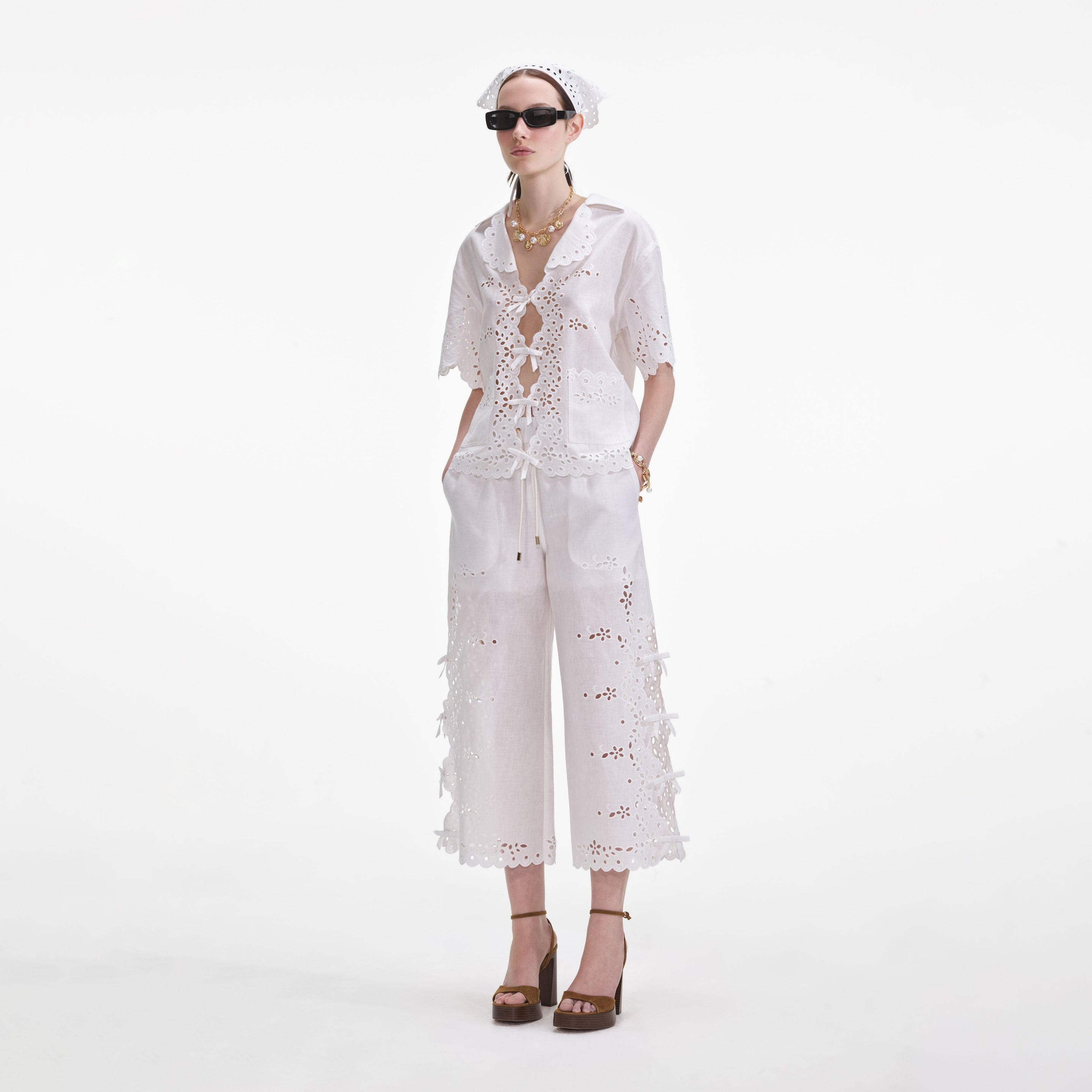 Cream Linen Embroidered Trousers - 2