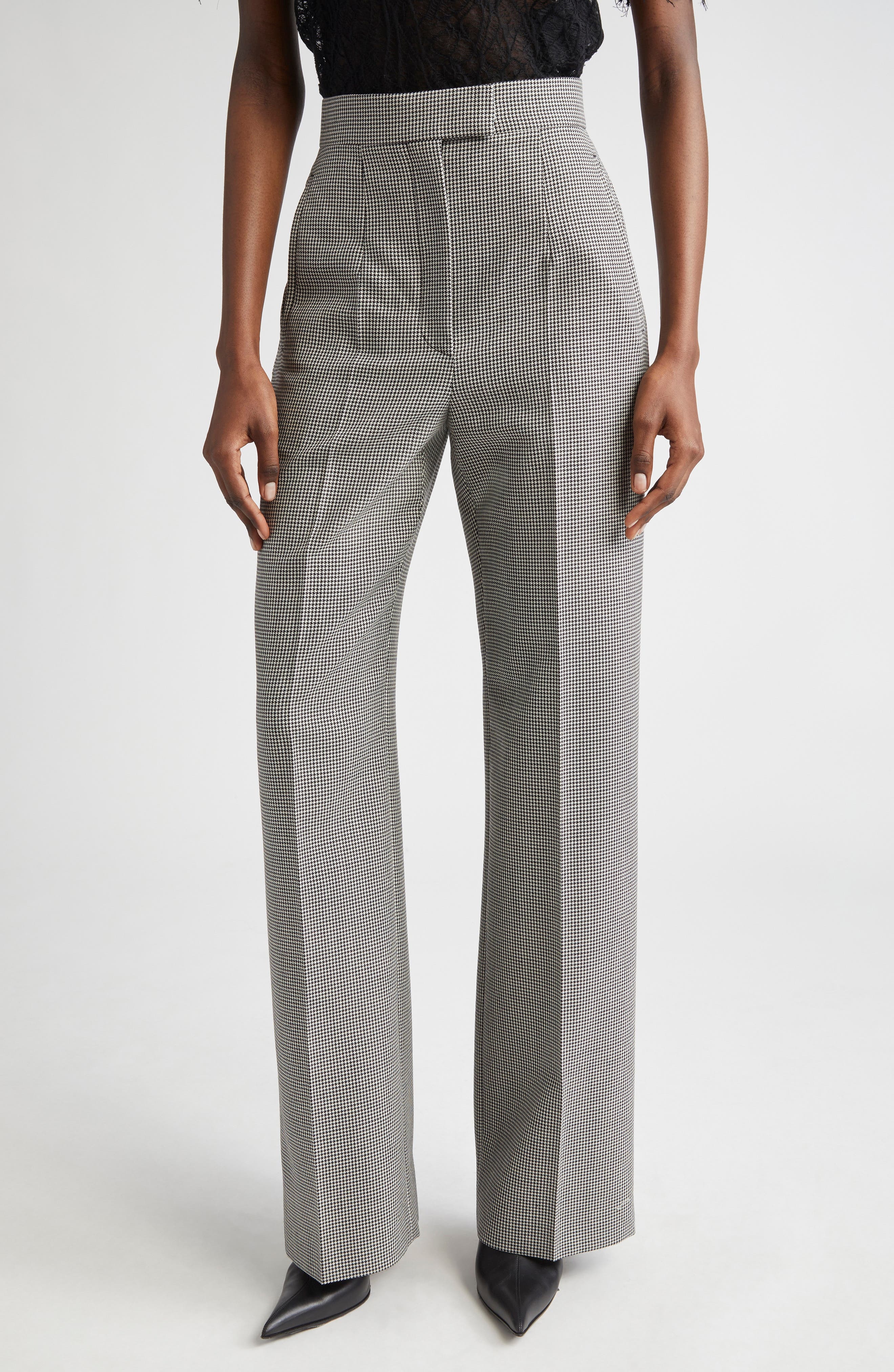 McQueen Micro Houndstooth Pleated Wool & Mohair Straight Leg Trousers in Black/Ivory at Nordstrom - 1