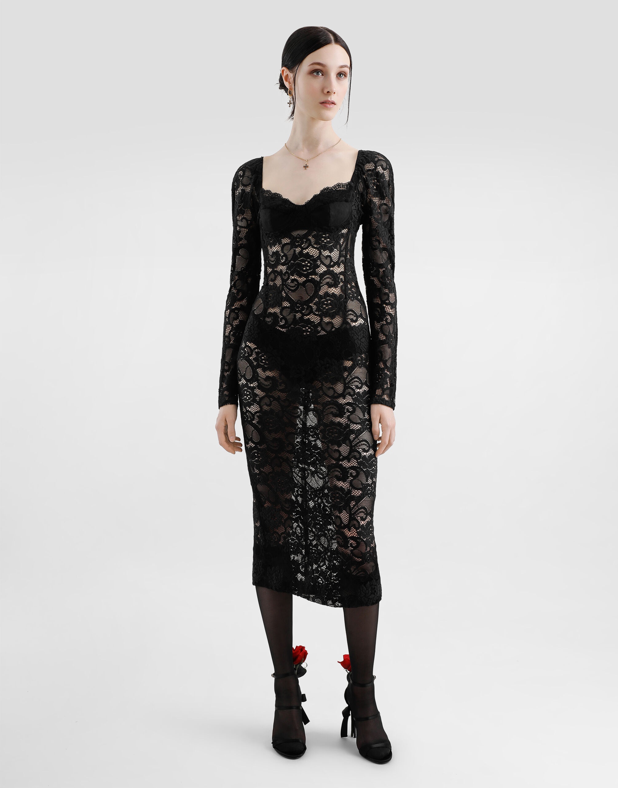 Calf-length floral lace dress with bra-style cups - 2