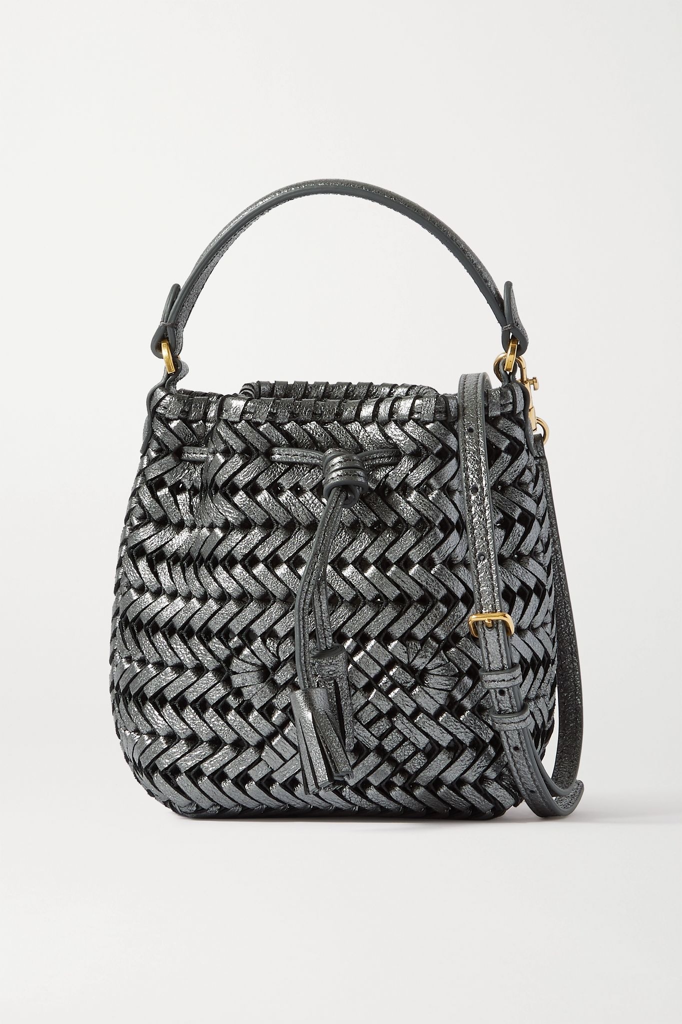 Neeson Drawstring micro woven metallic crinkled-leather bucket bag - 1