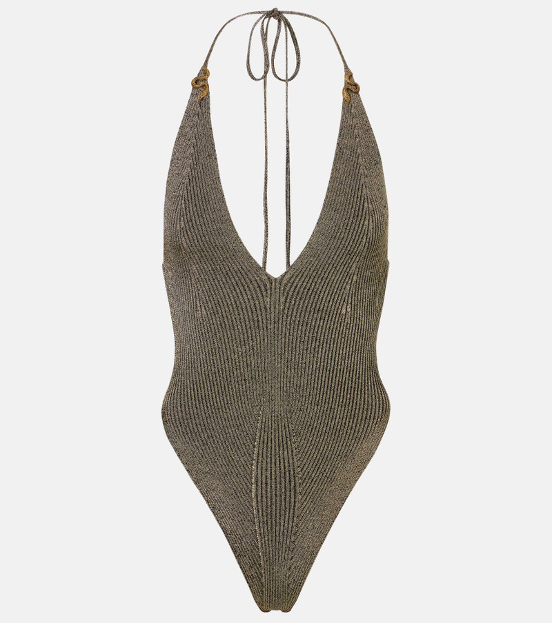 Embellished halterneck lamé bodysuit 1