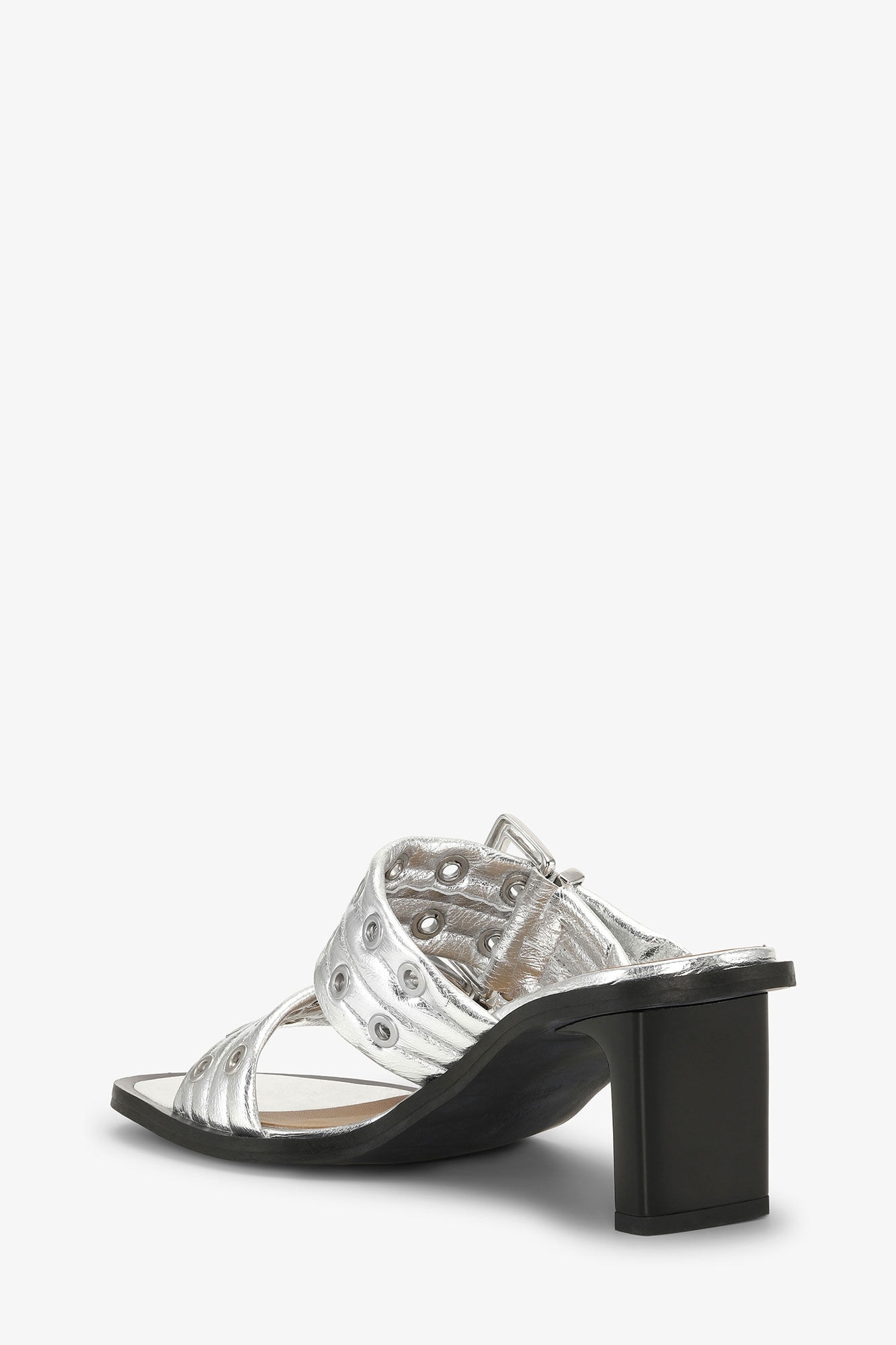 WHITE FEMININE BUCKLE HEELED MULE SANDALS - 3