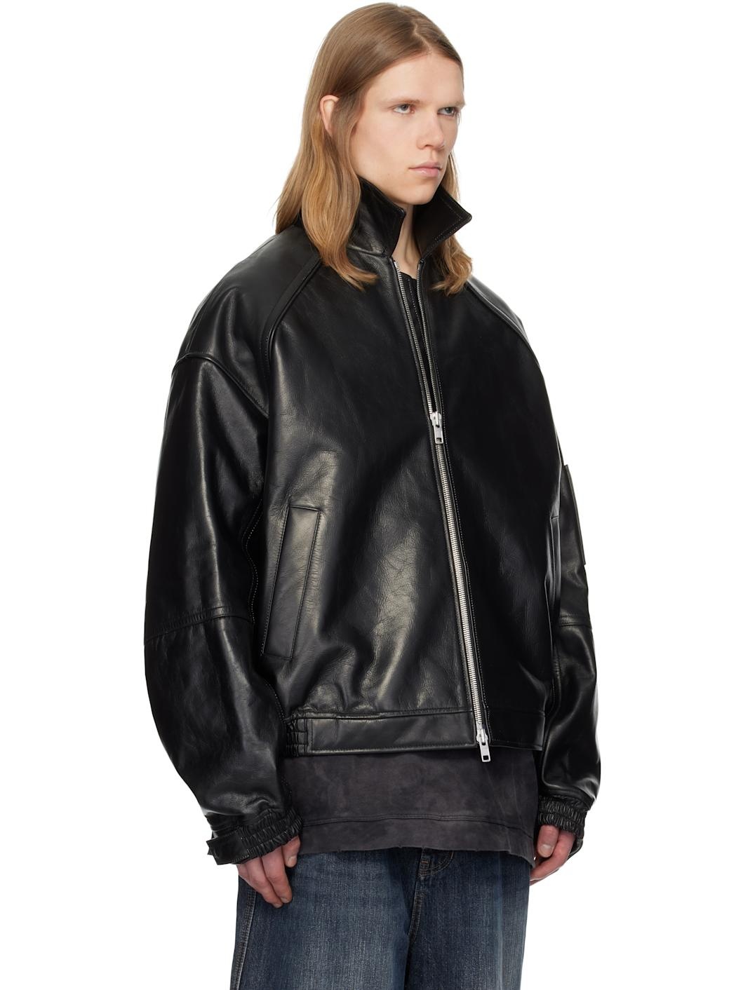 Juun. J Black Stand Collar Leather Aviator Jacket - 2