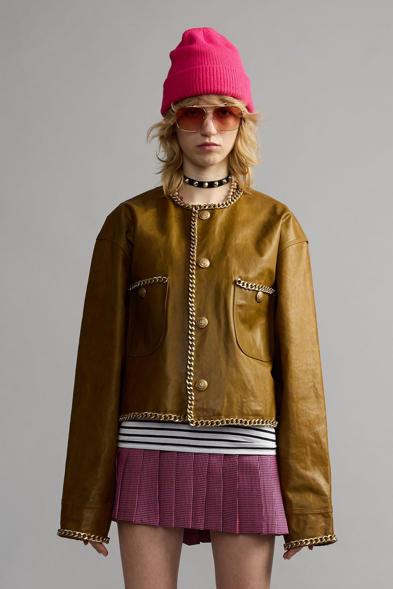 CHAIN EMBELLISHED CROPPED LEATHER JACKET 4