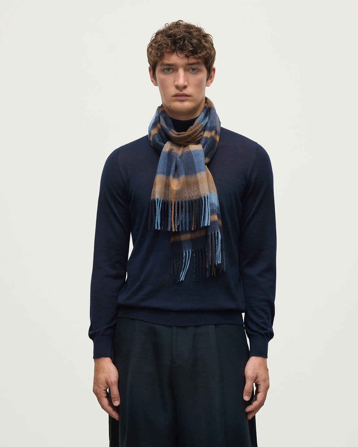 Deco Block Check Navy Cashmere Scarf - 2