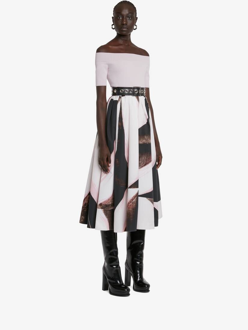 Women's Graphic Brushstroke Gathered Midi Skirt in Black/ivory - 3