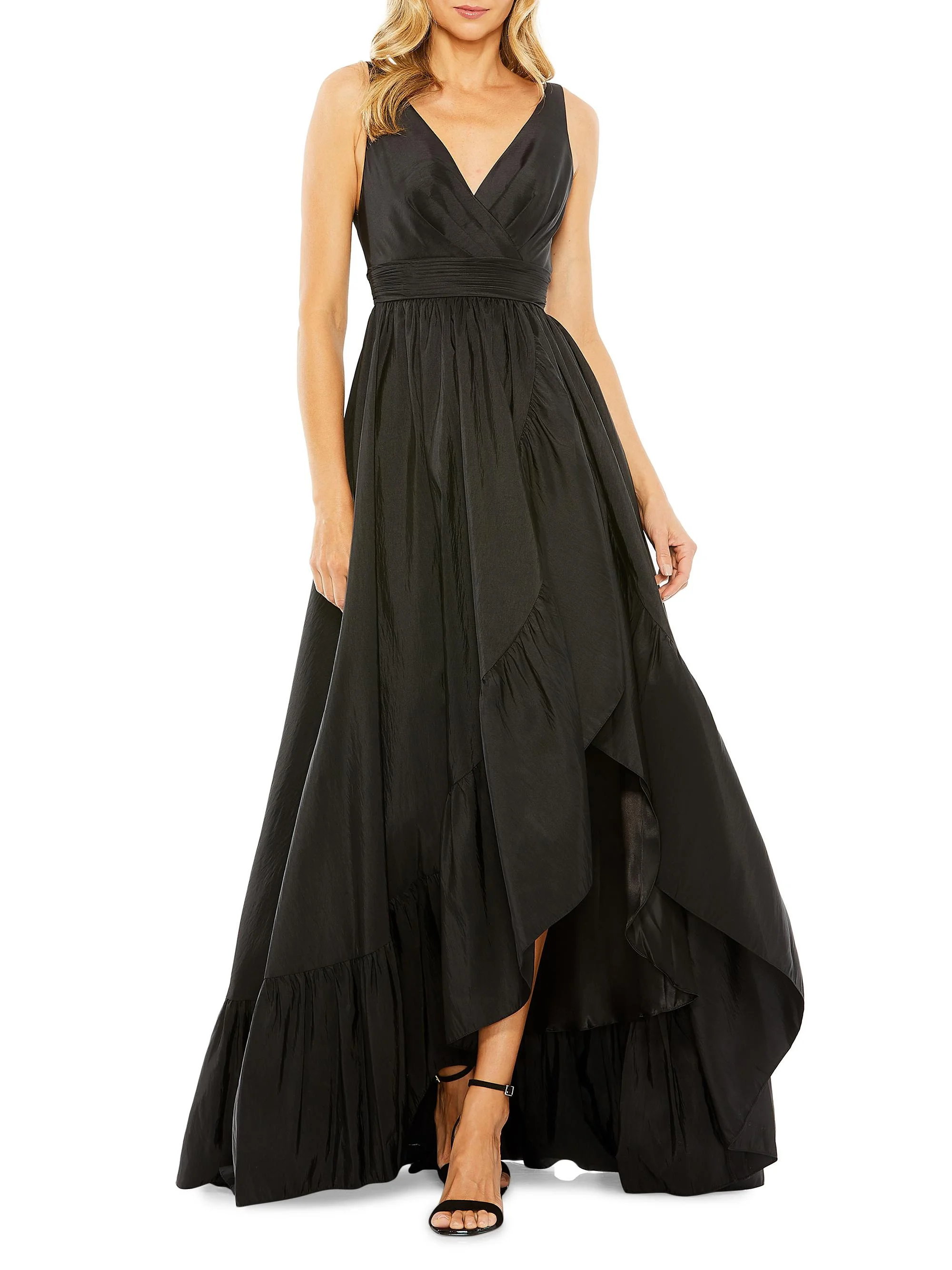 Women's Satin Flounce V-Neck Gown - Black - 1