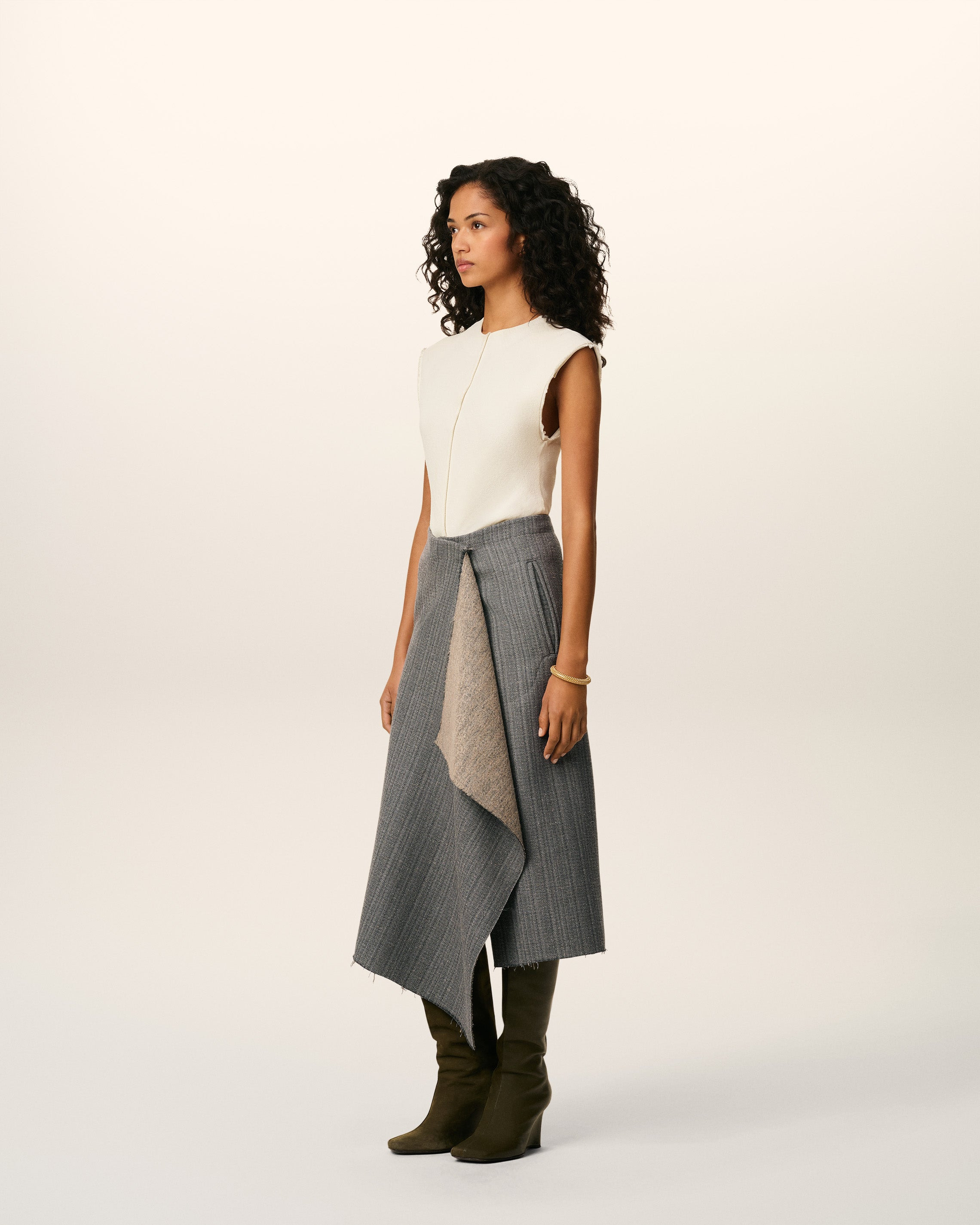 GREY WOOL MIDI HERRINGBONE WRAPPED SKIRT - 6