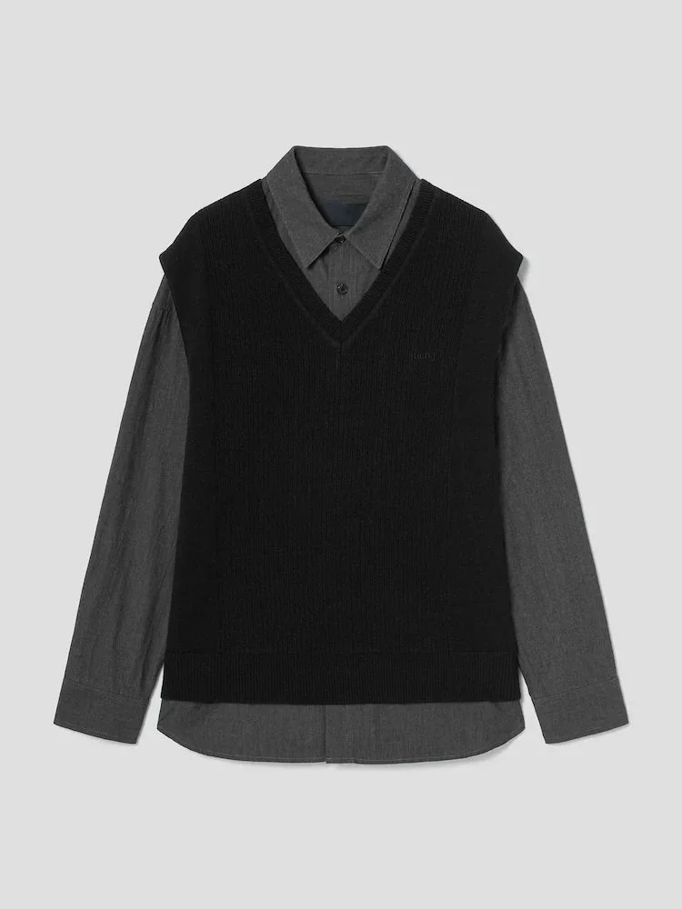 Knit Vest Layered Shirt - 1