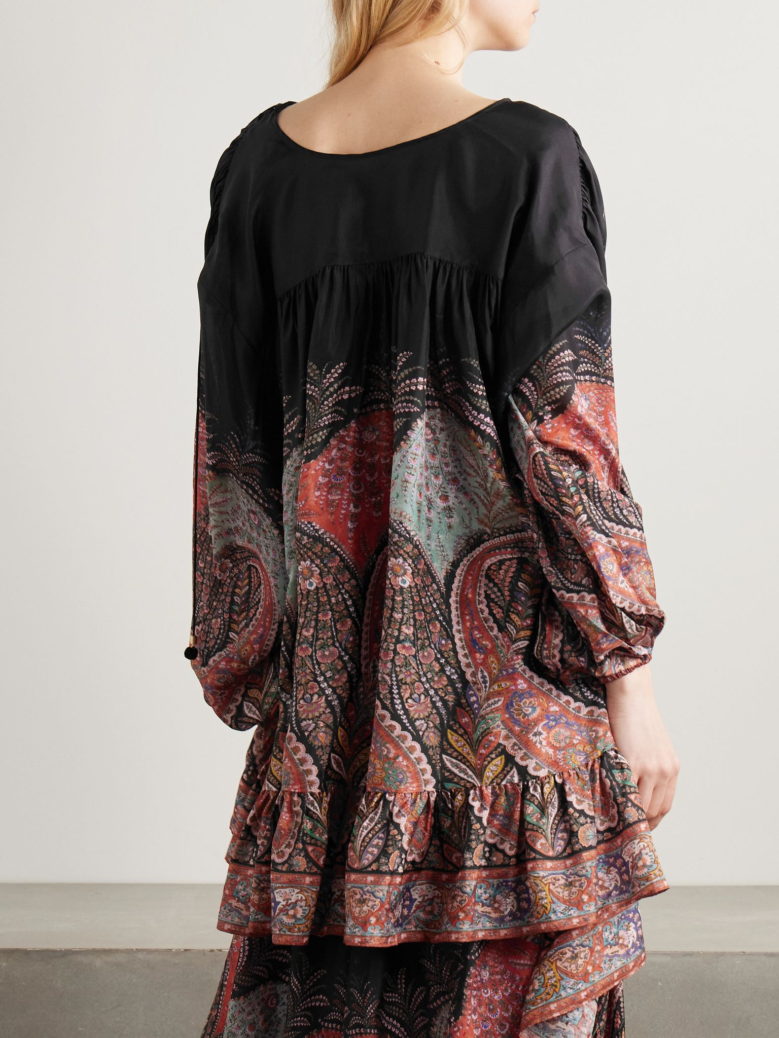 Rhiannon ruffled paisley-print organic silk blouse Black - 3