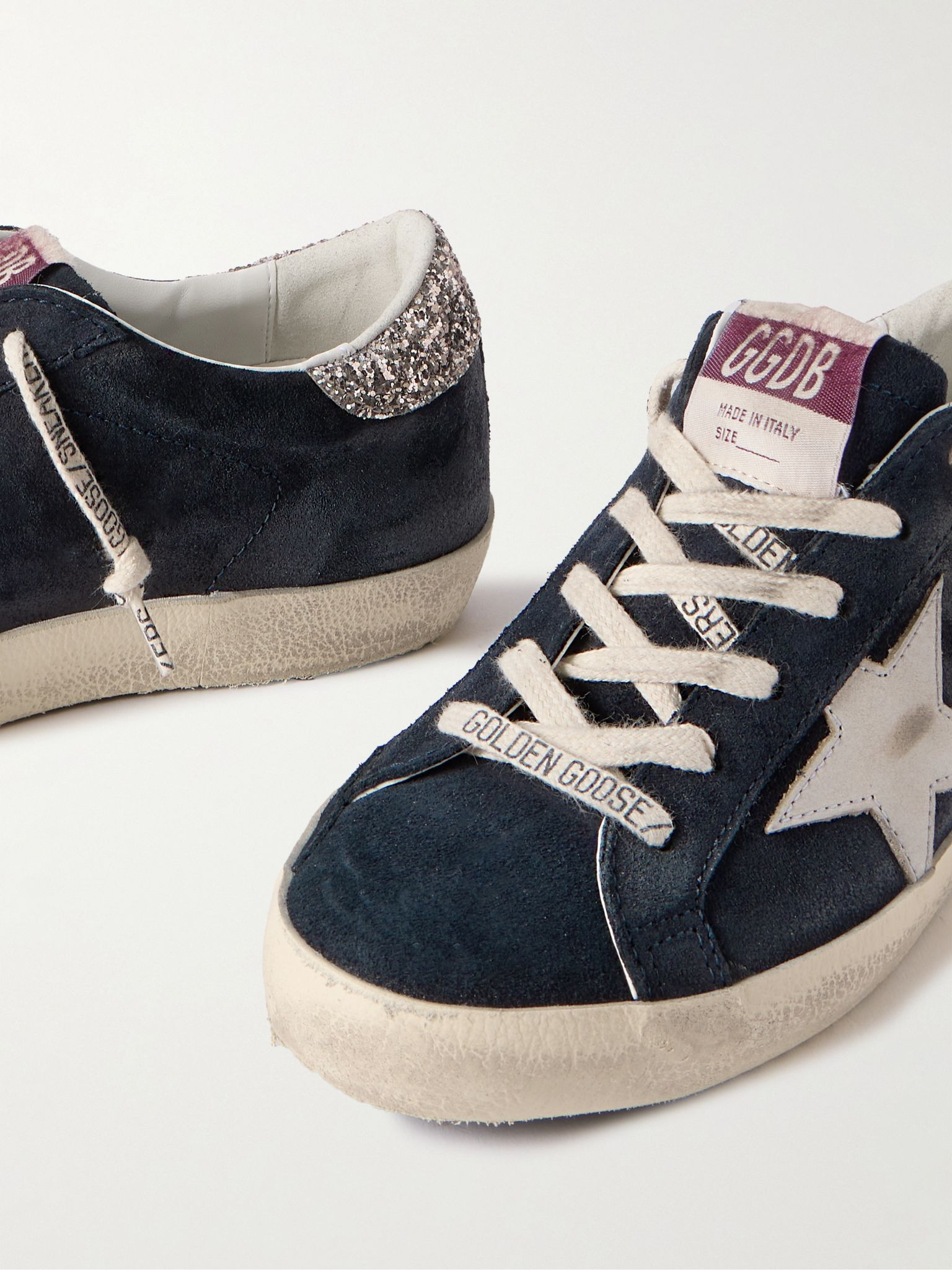 Super-Star distressed glittered leather-trimmed suede sneakers Navy - 4