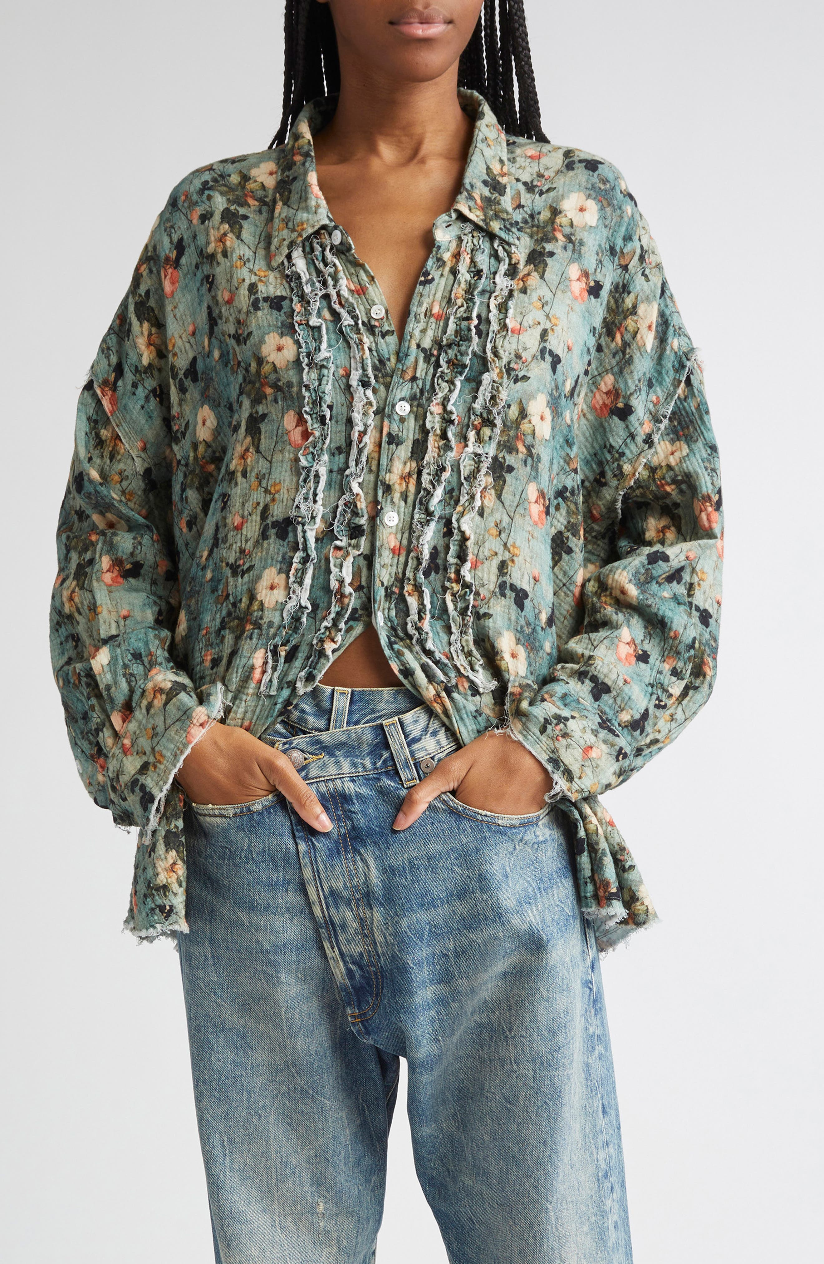 R13 Shredded Seam Ruffle Button-Up Shirt in Turquoise Floral at Nordstrom - 1