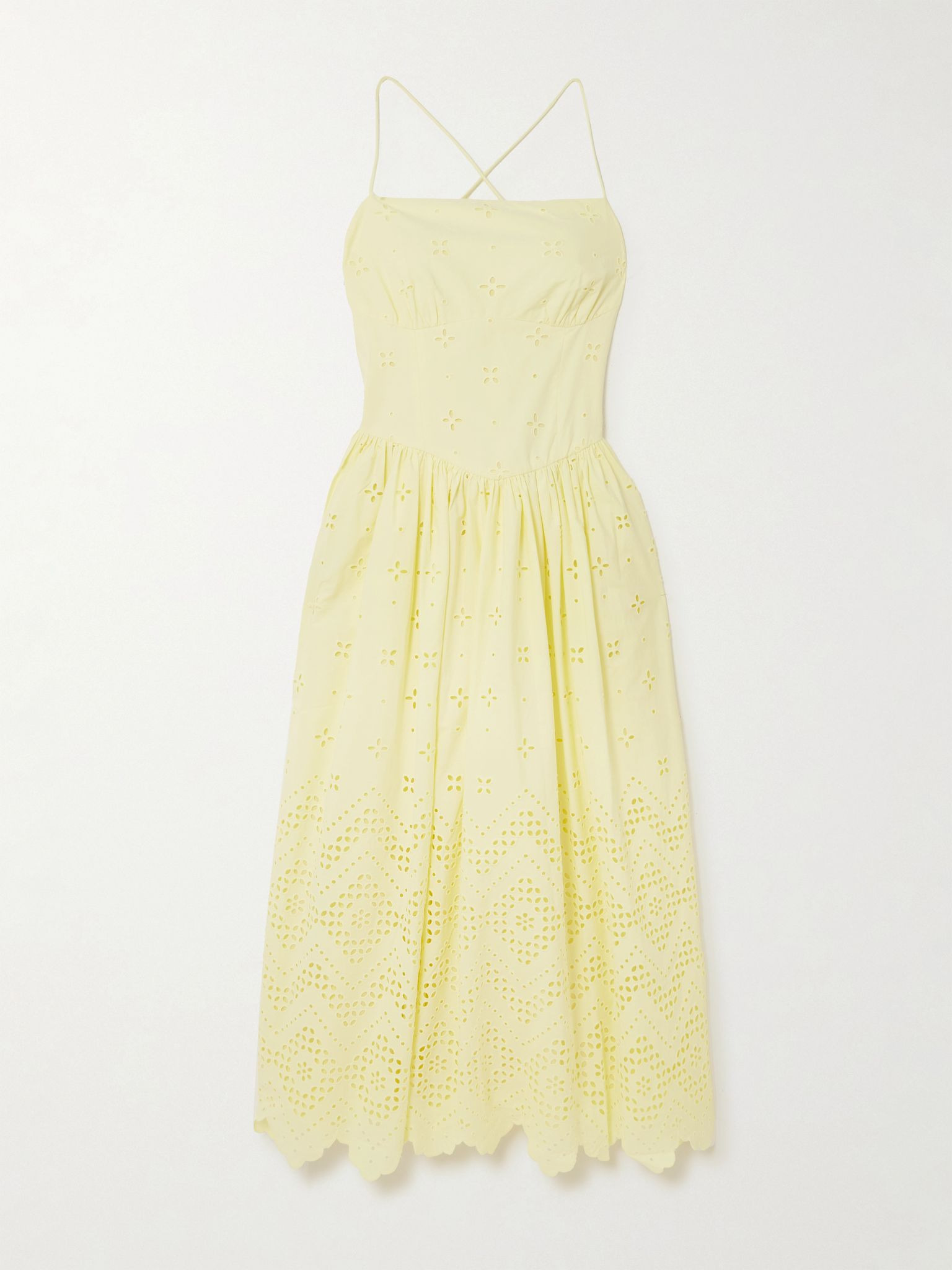 Drawstring broderie anglaise cotton midi dress Yellow - 1