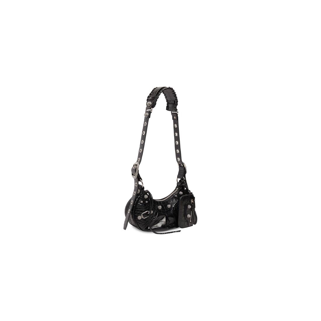 Women's Le Cagole Xs Shoulder Bag Crocodile Embossed With Rhinestones in Black - 3