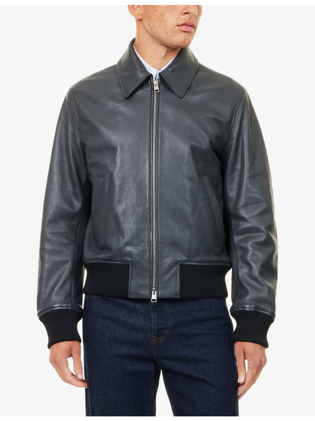 Regular-Fit Spread-Collar Leather Jacket - 3