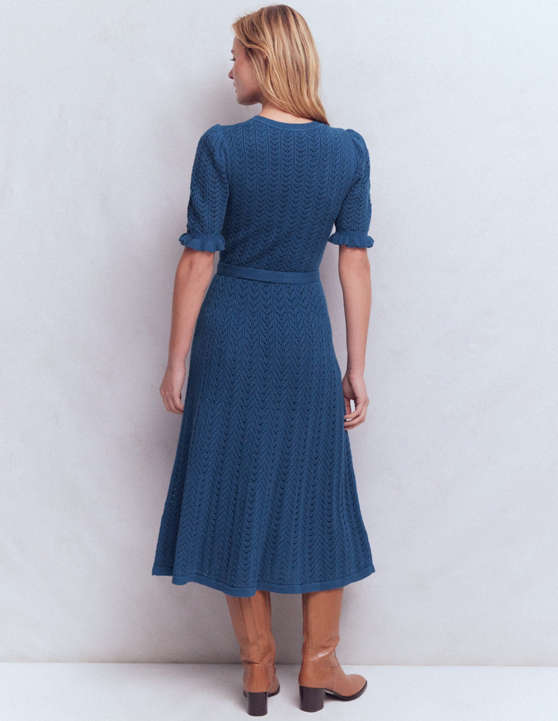 Henley Frill Knitted Dress-Denim Blue 5