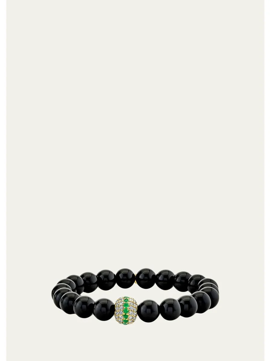 14K Malachite Bead Bracelet with Diamonds and Emeralds - 1