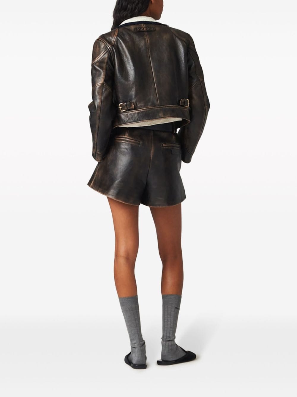 distressed leather mini shorts - 4