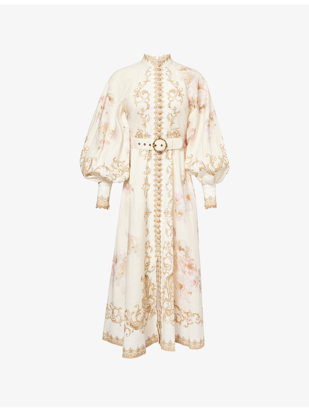 Printed Silk-Belt Buttoned Linen Midi Dress - 1