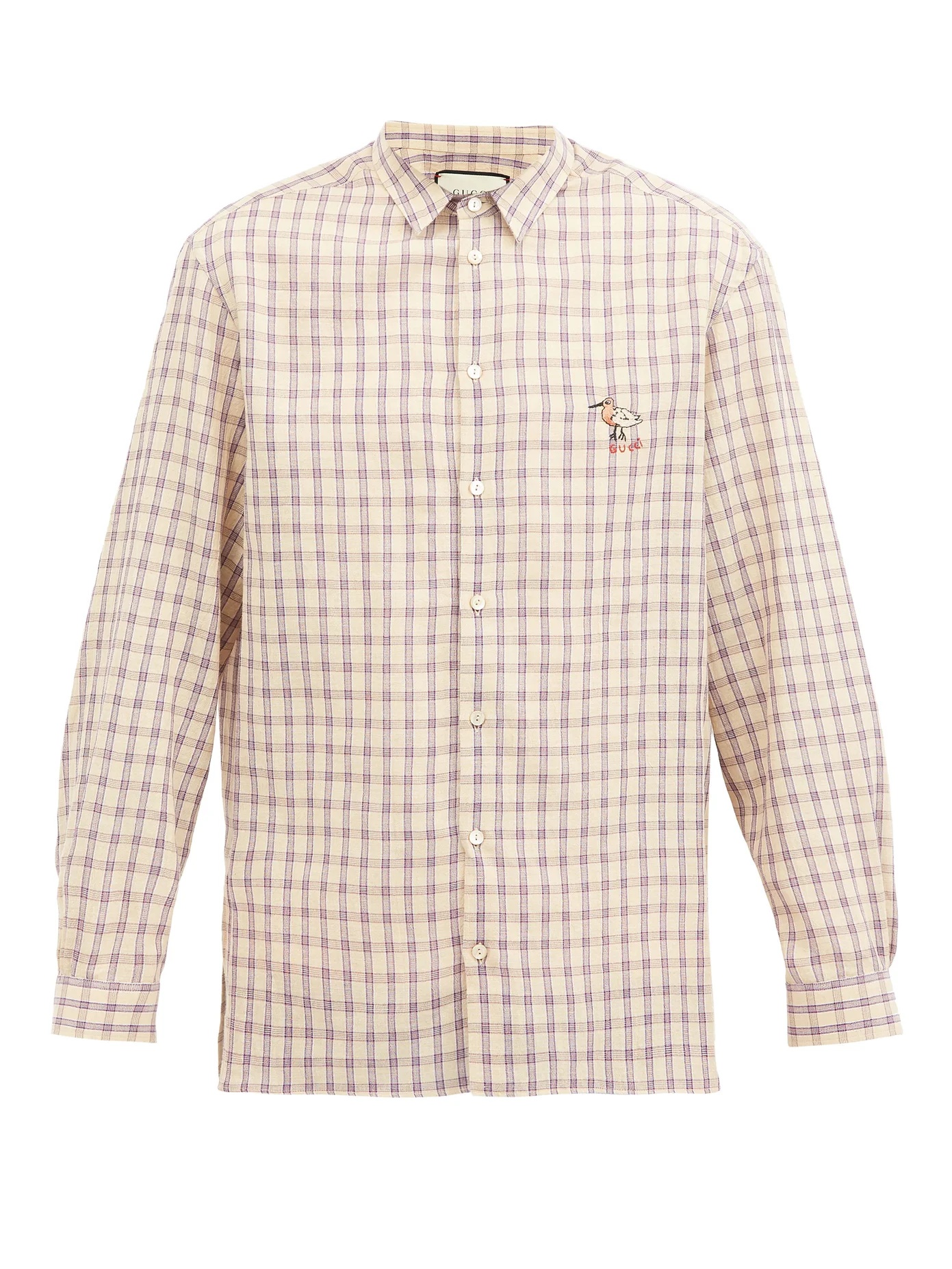 Bird-embroidered checked cotton-blend shirt - 1