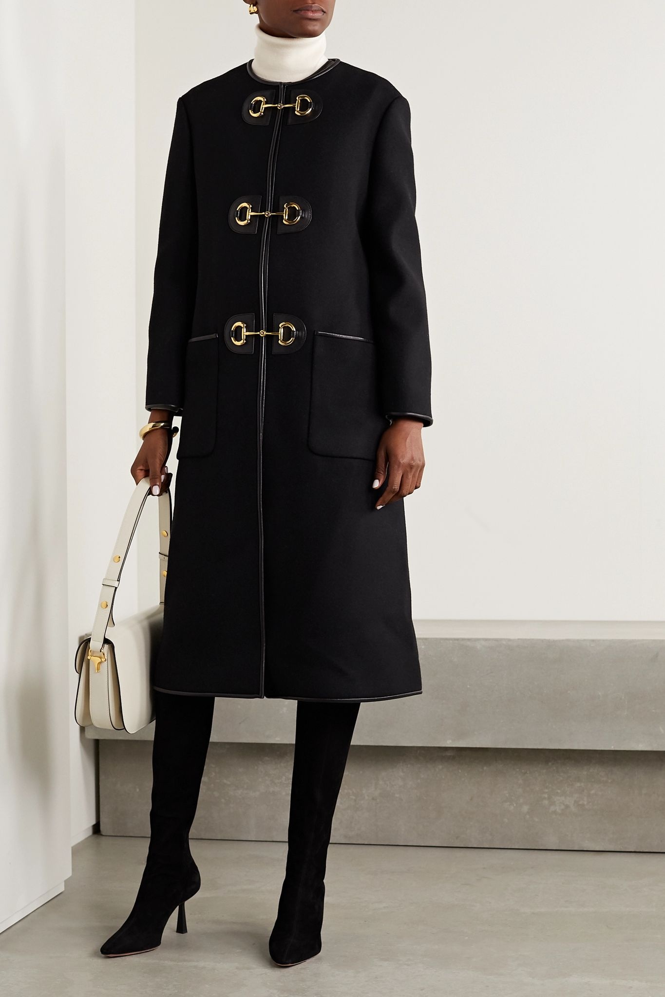 Leather-trimmed wool-blend coat - 2