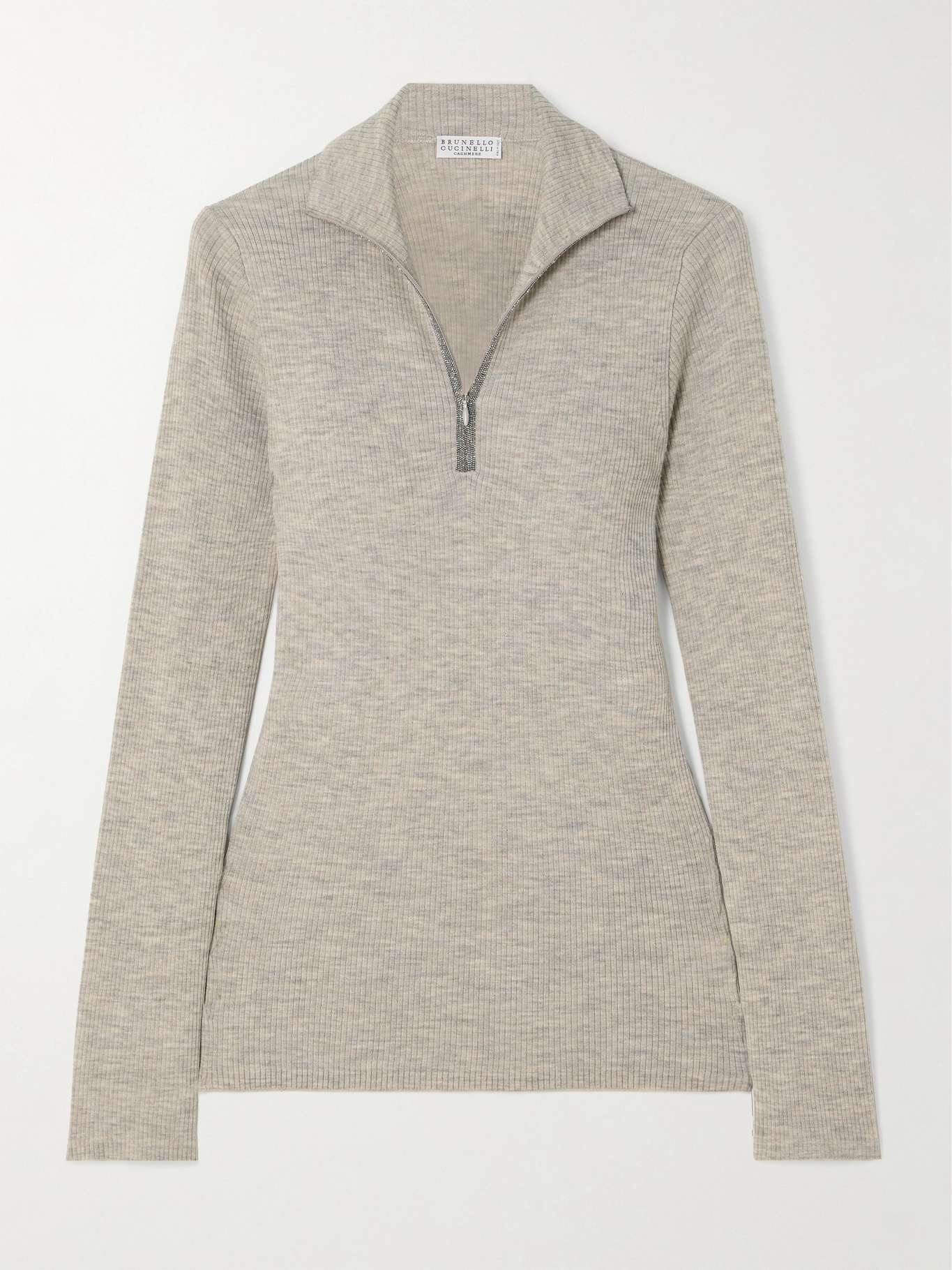 Bead-embellished ribbed wool and cashmere-blend half-zip sweater - 1