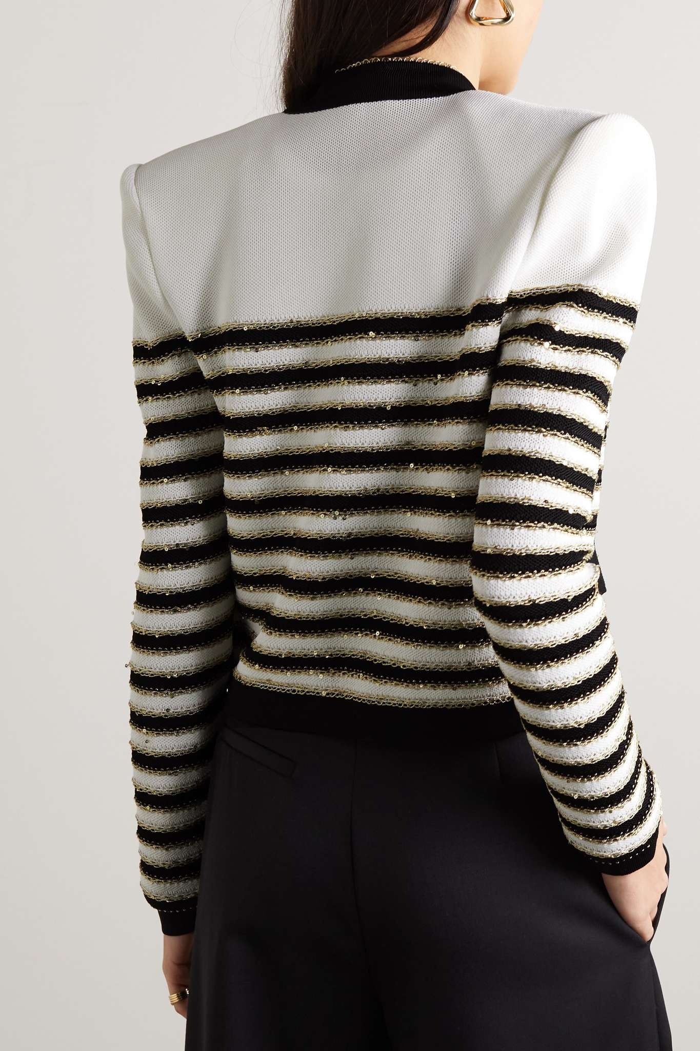 Button-embellished metallic striped knitted cardigan - 4