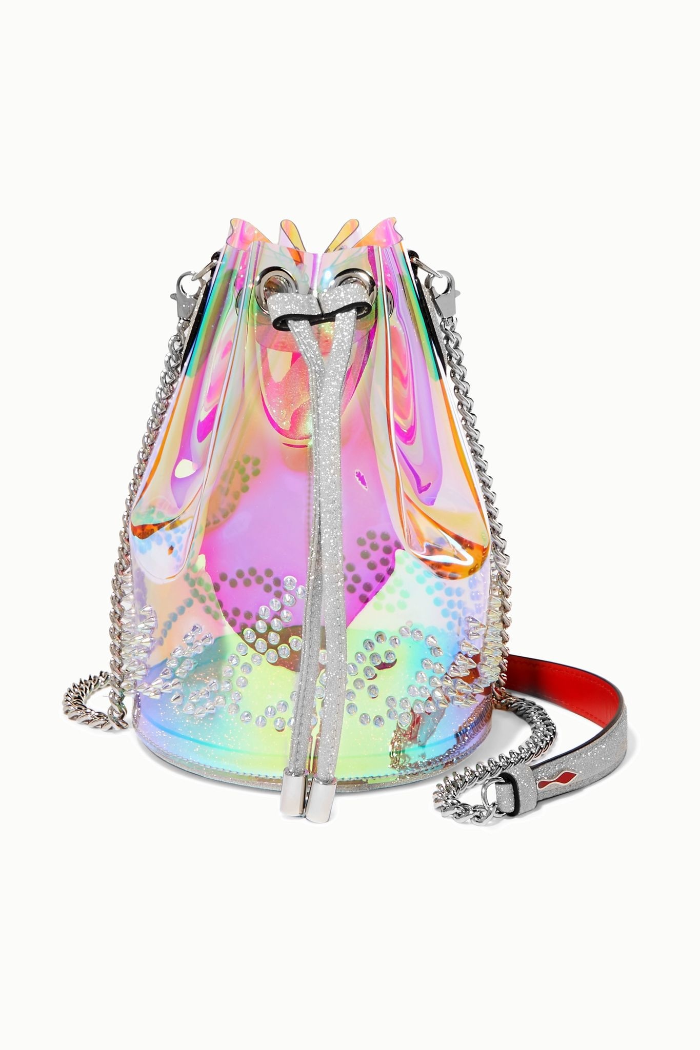 Marie Jane spiked iridescent PVC and glittered-leather bucket bag - 1