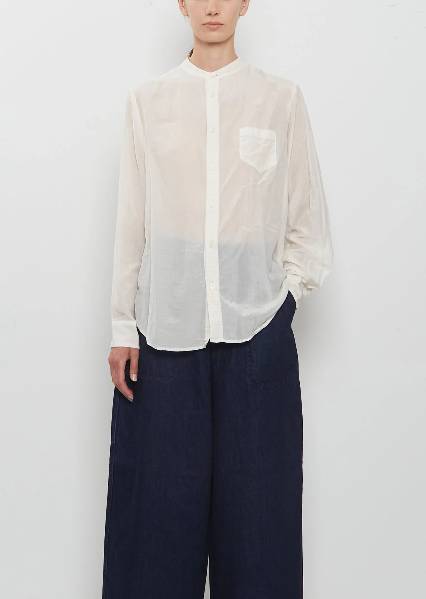Cotton Silk Lawn Band Collar Shirt - 1