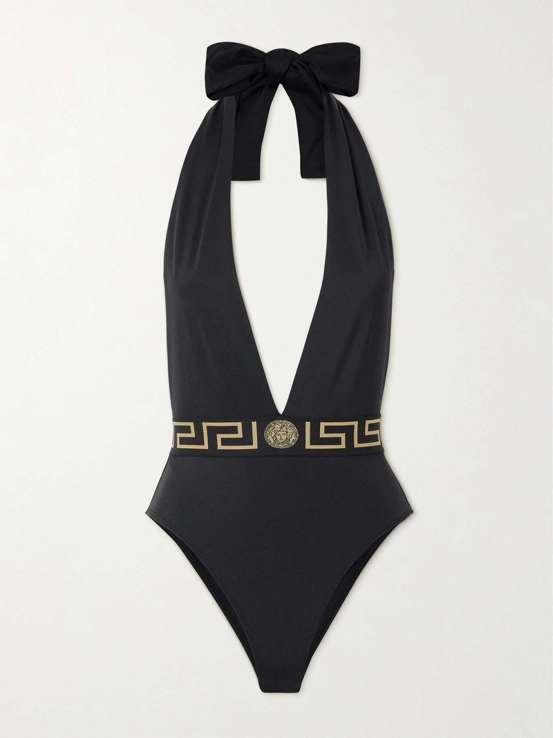 Jacquard-trimmed halterneck swimsuit 1