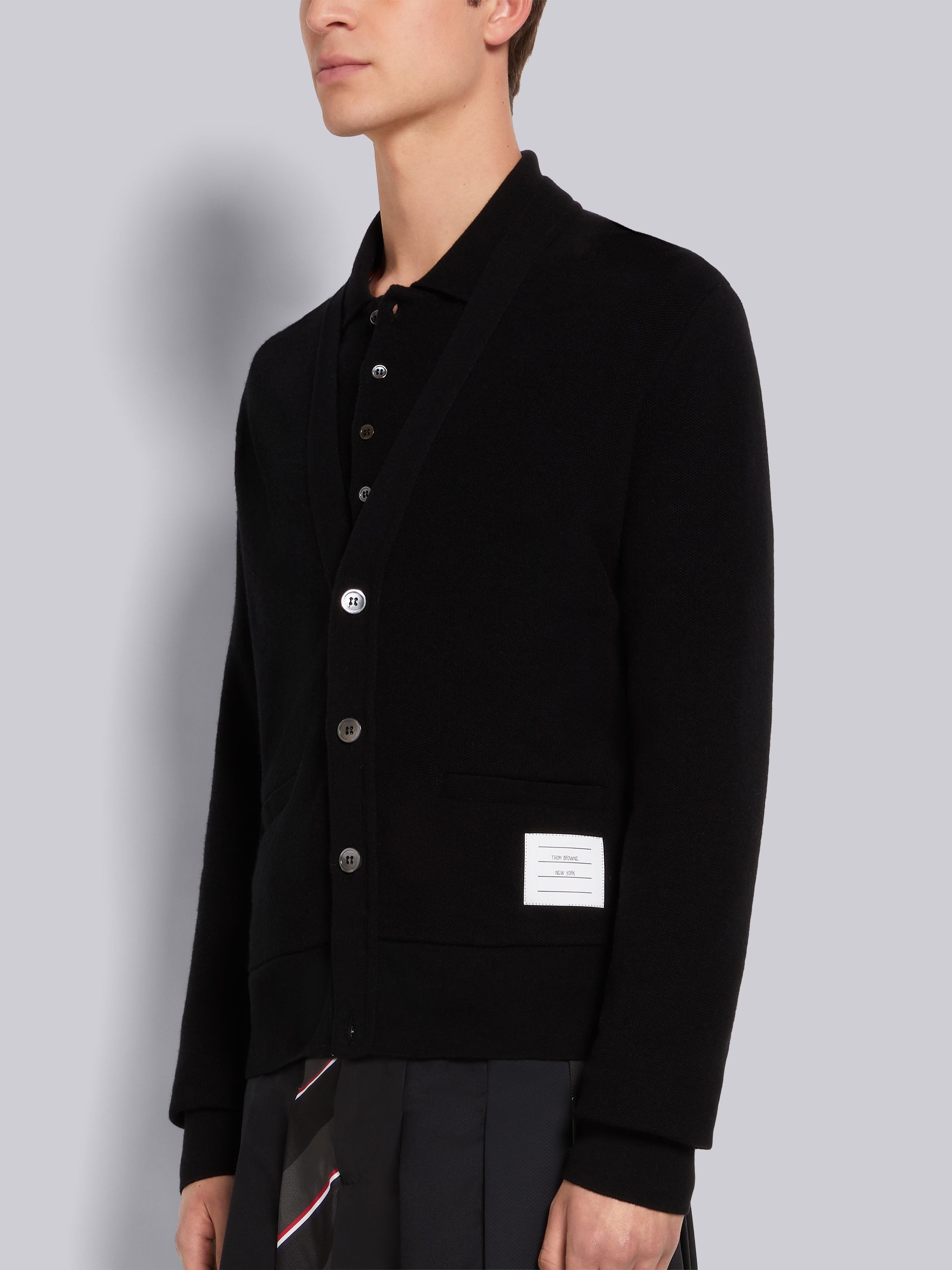 Black Cashmere Pique V-Neck Cardigan - 2