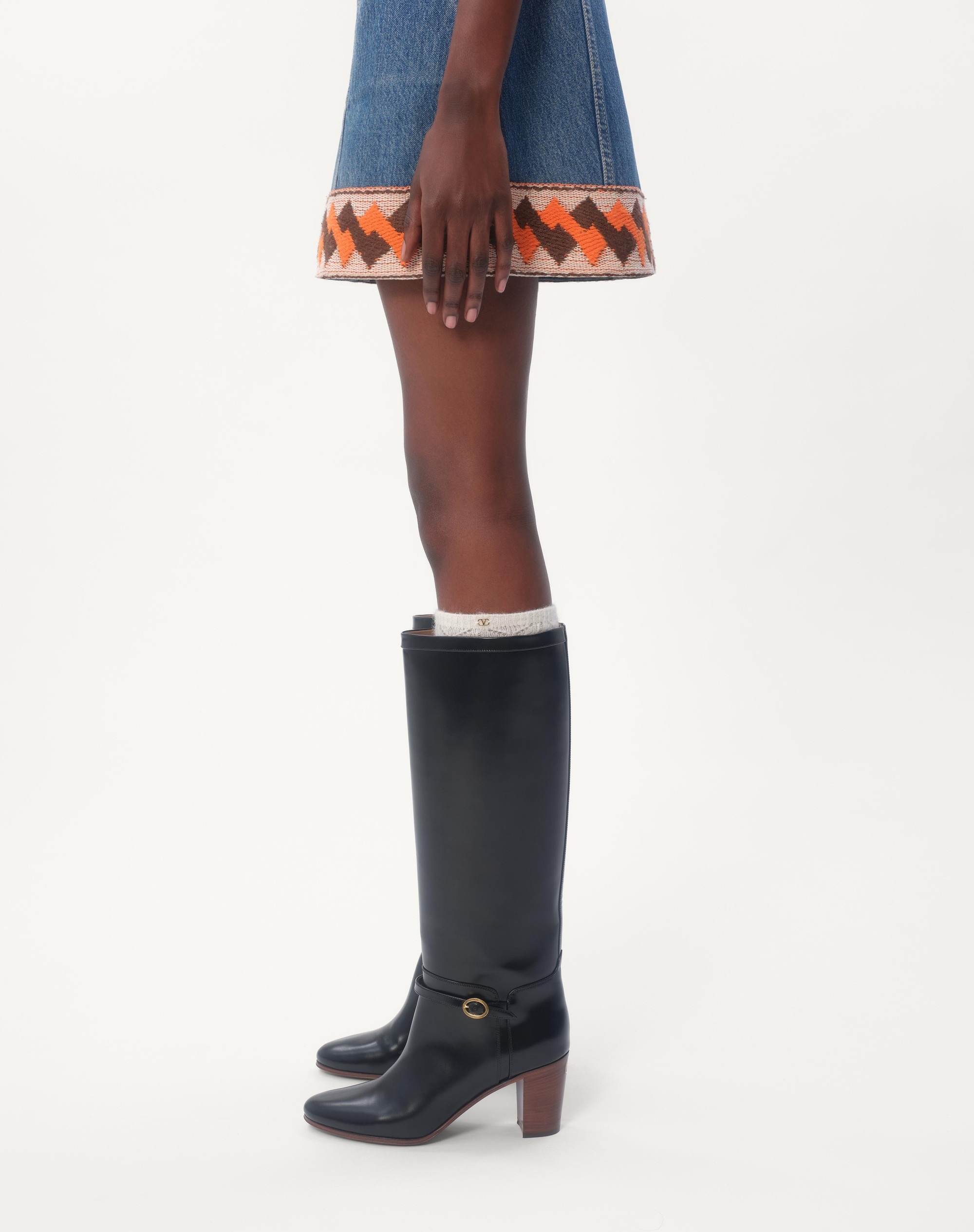 DENIM SKIRT WITH JACQUARD TRIMS - 3