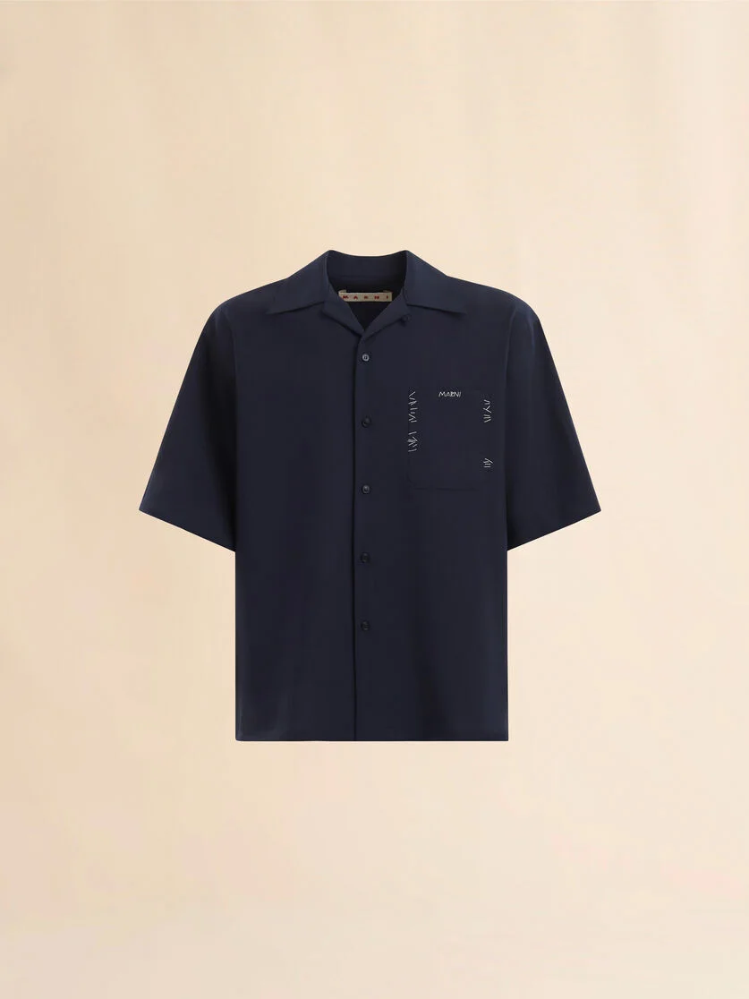DEEP BLUE TROPICAL WOOL BOWLING SHIRT WITH MARNI MENDING - 1