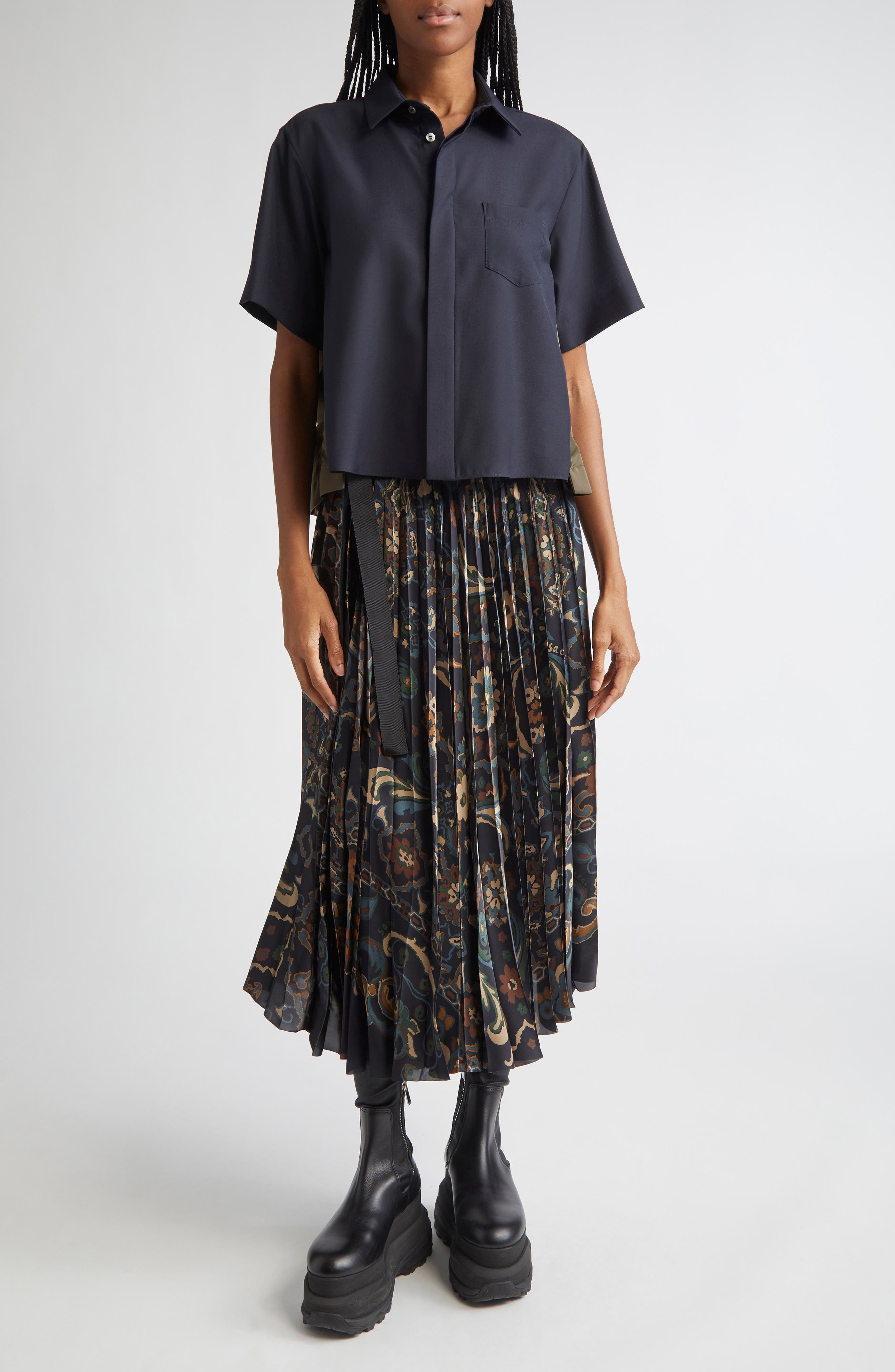 Sacai Suiting Fabric Mix Button-Up Camp Shirt in Navy/Dark Khaki at Nordstrom - 2