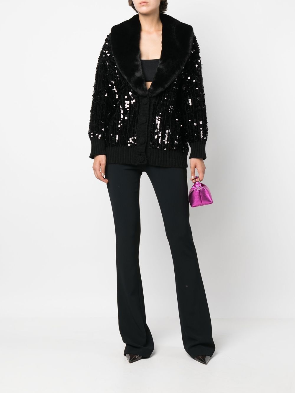 sequin-embellished faux-fur trim cardigan - 2