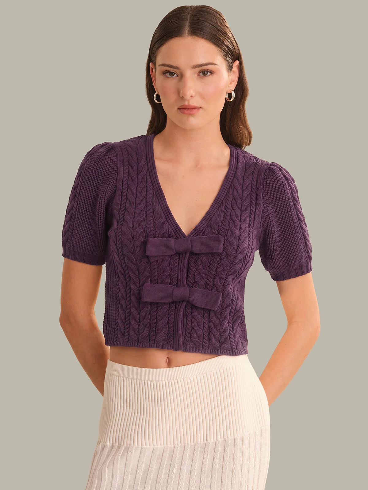 Alexandra All Over Cable Puff Sleeve Bow Cardigan - 1