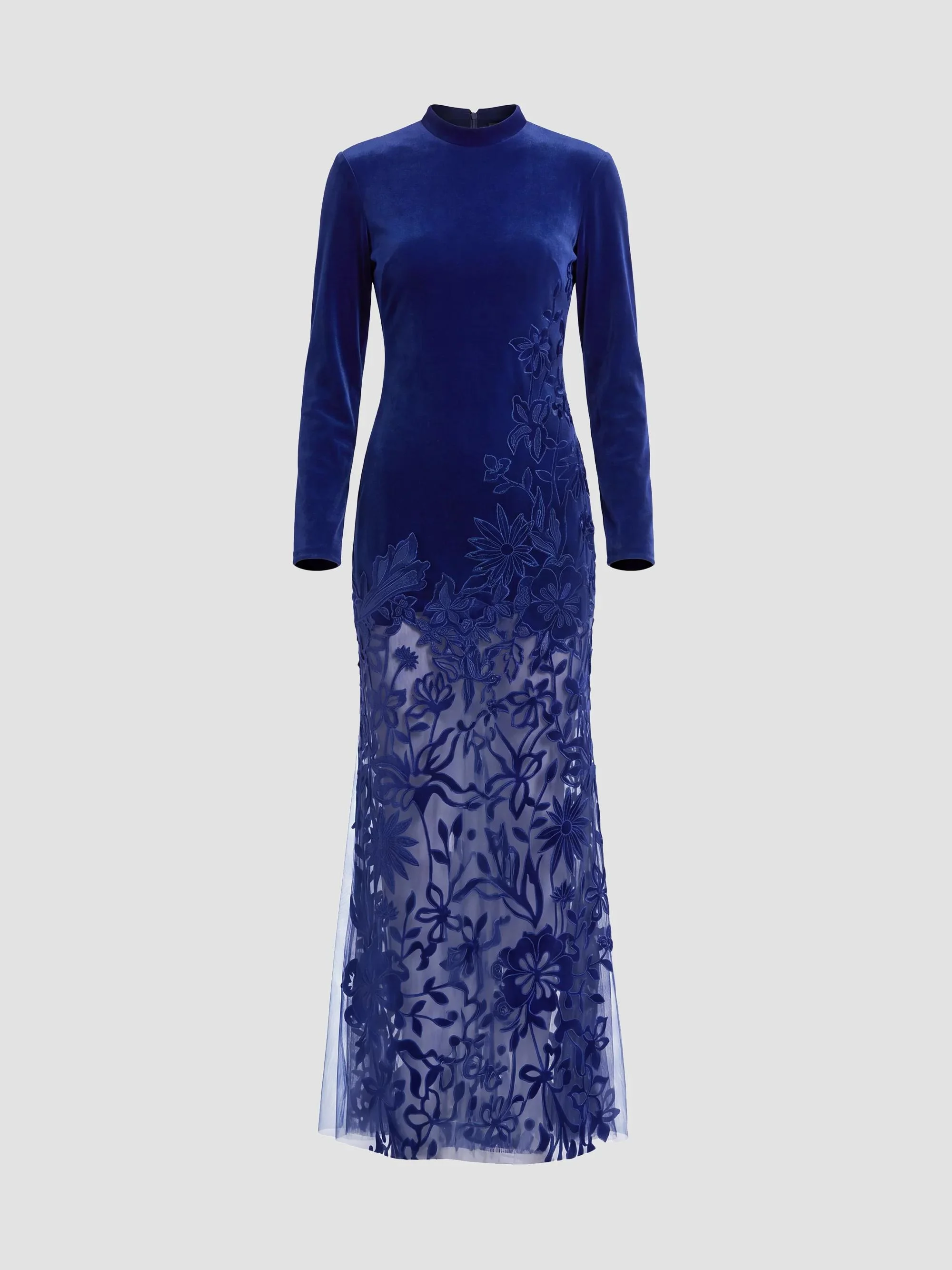 Women's Floral Mixed-Media Long-Sleeve Gown - Cobalt - 1